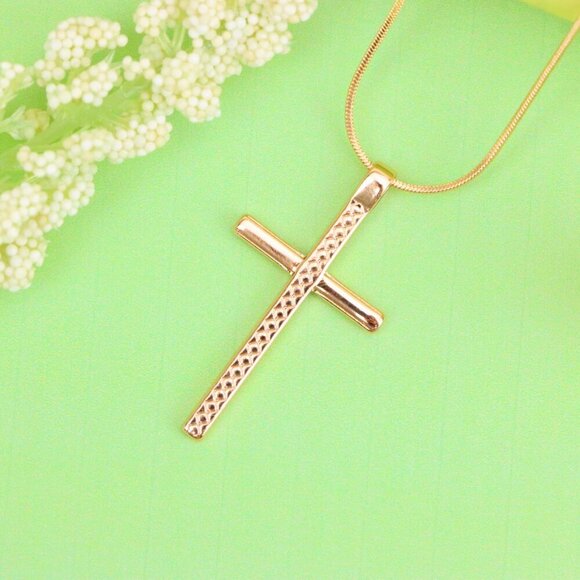 "Elegant Long Cross Rose Gold Pendant with Diamond Pattern Design, XPPT1601 - Picture 2 of 13